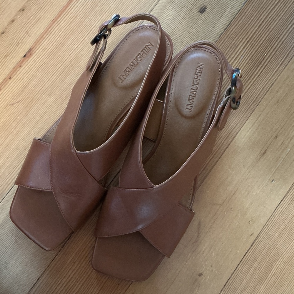 J McLaughlin Tan All Leather Jessamine Slingback Sandals Tortoise Shell Buckle